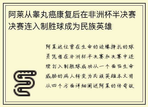 阿莱从睾丸癌康复后在非洲杯半决赛决赛连入制胜球成为民族英雄